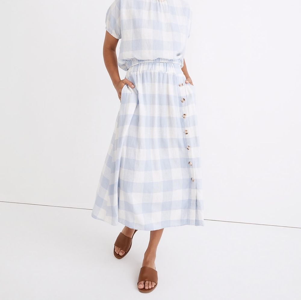 Madewell Linen-Blend Side-Button Midi Skirt in Gingham Check